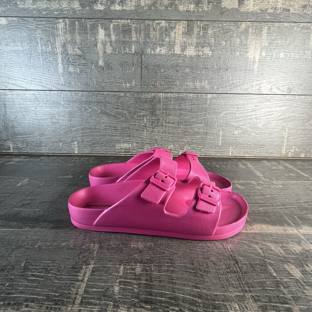 PrettyLittleThing Hot Pink Rubber Slides Buckle Sandals Womens US 7 Pool Beach - Picture 2 of 10